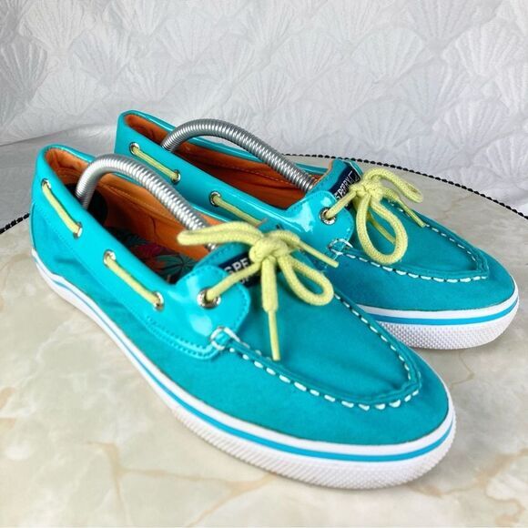 Sperry Shoes Women 6.5 Turquoise Blue Classic Summer Driving Slip On Boat Loafer - Picture 2 of 10